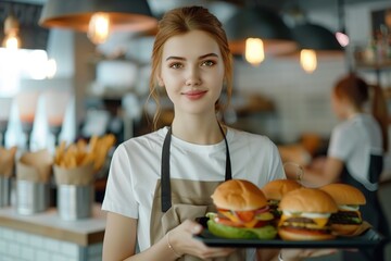 Beautiful young waitress holding tray with tasty burgers