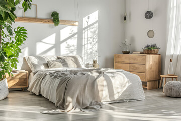 White minimalist bedroom with wooden furniture