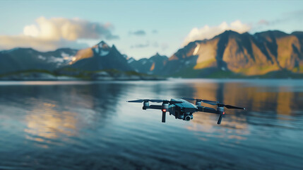 Closeup drone taking view of mountains and sea. - obrazy, fototapety, plakaty