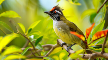 Closeup Red-whiskered bulbul is sitting on a tree.