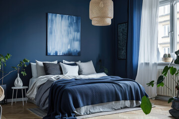 Dark blue bedroom mock up. Indigo blue wall with a square wall art and blue double bed