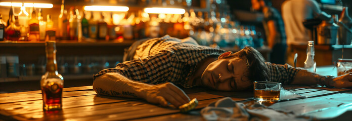 Selective focus of caucasian man drunk and asleep on table in liquor store. - obrazy, fototapety, plakaty
