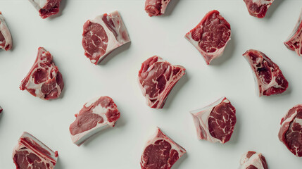 Set of various types of beef They are arranged on a white background.