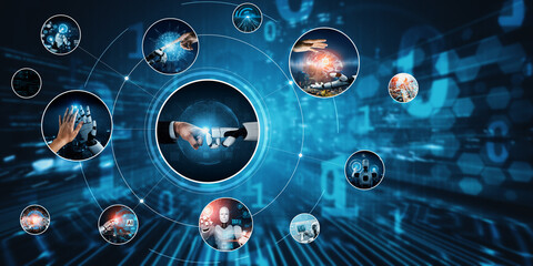 Human interact with AI artificial intelligence virtual assistant robot. Concept of AI artificial...
