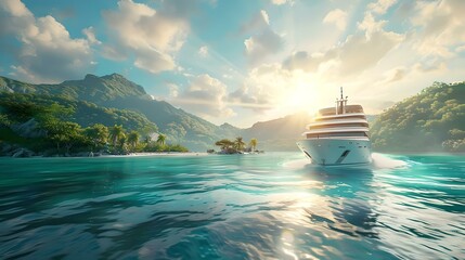 Luxury cruise ship sailing on tropical ocean waters at sunset