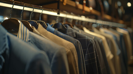 Obraz premium Men's clothes on hangers at a clothing rack in a store.