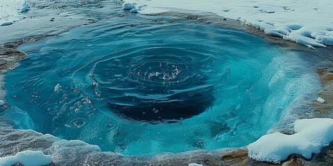 The Dynamic Swirl of a Geothermal Hot Spring Surrounded by Icy Terrain, a Natural Wonder in a Frozen Landscape, Generative AI - obrazy, fototapety, plakaty