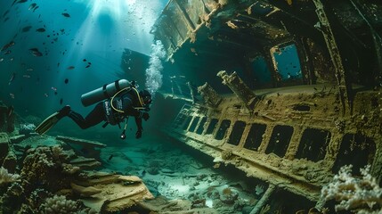Underwater explorer observes sunken airplane wreck in ocean depths