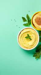 Bowls of hummus with greens and olive oil, top view, copy space