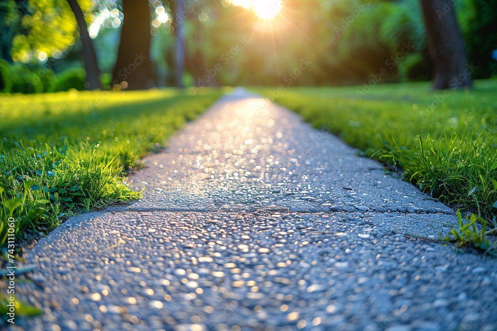 Poster sunlight filtering through trees onto a cobblestone path