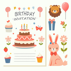  Happy birthday greeting card and party invitation templates, vector illustration, hand drawn style