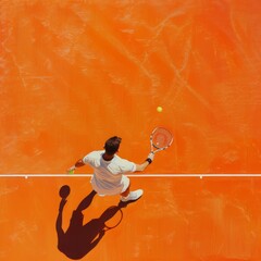 Overhead Drone Shot of a Tennis Player on an Orange Clay Court