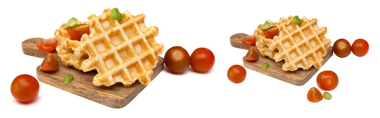Cheese Viennese waffles accompanied by cherry tomatoes and fresh green basil leaves, presented on a miniature board, isolated png transparent. An option for breakfast serving. 