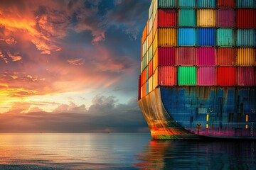 Obraz premium ship with containers. Cargo. Transportation of goods. beautiful sunset at sea view from the ship.