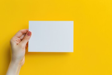 Female hand with blank paper card on colorful background
