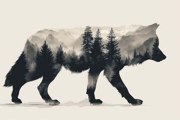 Silhouette of a bear with a forest and mountain range inside it