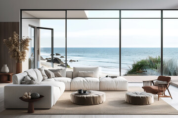 Modern living room with couch overlooking on ocean. Scandinavian interior