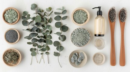 Flat lay composition with body care products and eucalyptus branches on white background	
