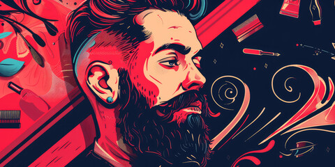 Vibrant digital illustration of a bearded man in profile, featuring stylized graphic elements and a rich, colorful palette.
