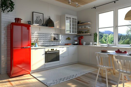 Scandinavian kitchen interior with modern red refrigerator