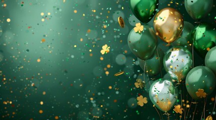 St. Patrick's Day card with Irish colored balloons on a green background, space for text. 
