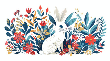 Colorful floral illustration with rabbit. Happy e