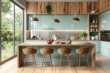 Modern wooden interior kitchen with different cabinets and island - obrazy, fototapety, plakaty