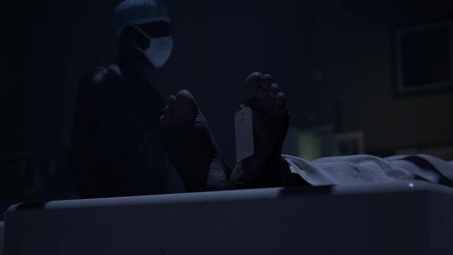 Two doctors standing in fron of a corpse in the morgue and ready to execute an autopsy