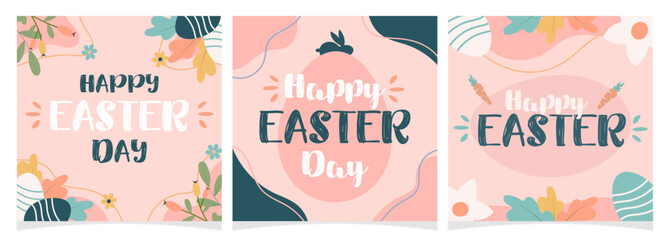 Happy Easter Day greeting card, cover, poster template set. Colorful and trendy hand drawn vector illustration in pastel colors with traditional elements.