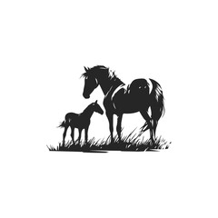 Mare with a newborn foal in a meadow, black and white vector
