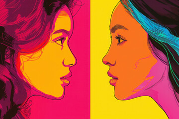 Multiracial Lesbian couple, pop art style 
