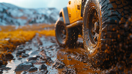 Off-road vehicle on muddy road with mud splashes at sunset