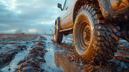 Off-road vehicle on muddy road with mud splashes at sunset