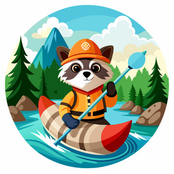 Illustration of raccoon rafting on the river with white background