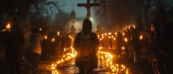 Candle-Holding Devotees at Night Vigil, Church Cross Silhouetted