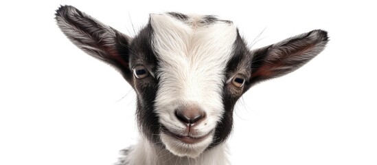 A close-up black and white shot of a goats face, showcasing its curious expression and distinctive features. The goat kid is isolated against a white background, allowing for a detailed view of its