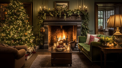 Christmas at the manor, English countryside decoration and interior decor - obrazy, fototapety, plakaty
