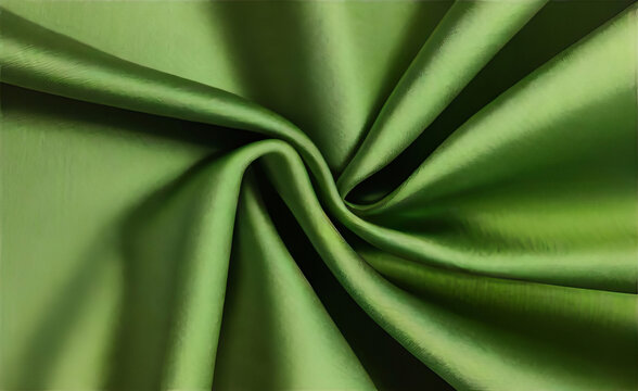 Abstrakter grüner Hintergrund. Hintergrund mit grüner Stoffstruktur. grüner Seidensatin. Vorhang. Luxuriöser Hintergrund für Design. Glänzender Stoff. Wellenförmige Falten.