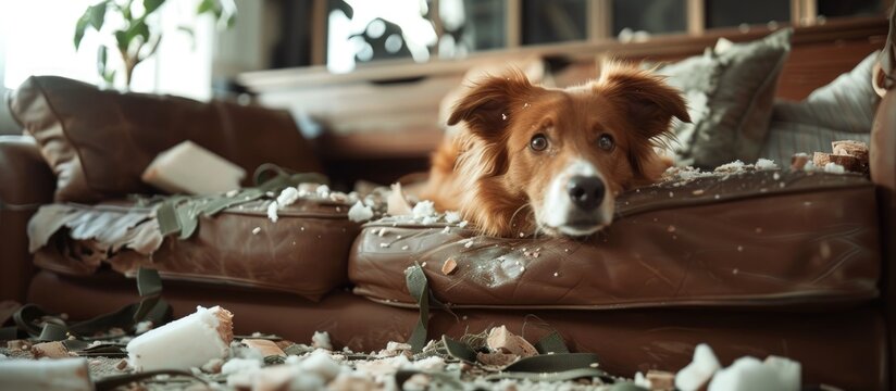 A cute dog lies casually on a couch in a room filled with scattered toys and overturned furniture. The mischievous pup has left a trail of chaos while playing.