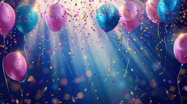 Festive Party background with blue and pink balloons, confetti, serpentine and blurred lights