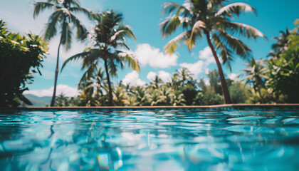 crystal pastel blue clear pool surrounded by blurred lush palm trees under the blue sky