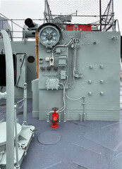 Patrol boat operating tools in a harbour. Measuring instruments on a vessel. Military ship in port....