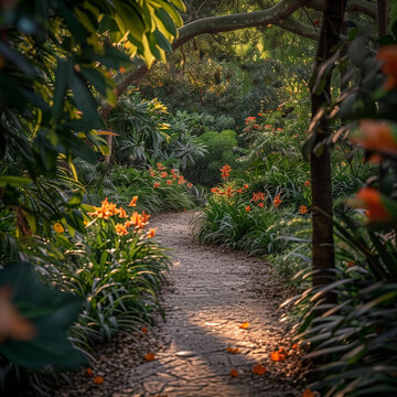 Serene Garden Pathway at Sunset - High-Resolution Nature Photography