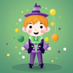 The image depicts a vibrant and colorful illustration of a happy cartoon child dressed in a whimsical wizard costume complete with a purple hat and coat, striped pants, and a large green bow. The chil