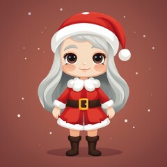The image features a charming animated character with large expressive eyes and silver hair, adorably dressed in a traditional Santa-inspired costume. The costume includes a red dress with white fur t