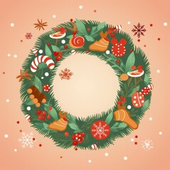 This image depicts a beautifully illustrated Christmas wreath, rich with greenery and decorated with traditional holiday items including red and white candy canes, slices of dried orange, red berries,