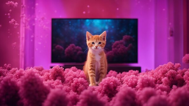 highly intricately detailed photograph of  Portrait of red kitten with lilac bouquet on pink background 