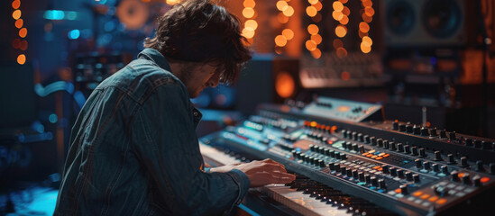 A man is sitting in front of a sound board, adjusting audio levels and controls. Various knobs and switches are visible on the sound equipment. - obrazy, fototapety, plakaty