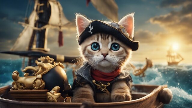  A whimsical kitten with   a pirate flag, boldly facing  stormy  sea waves in a boat 