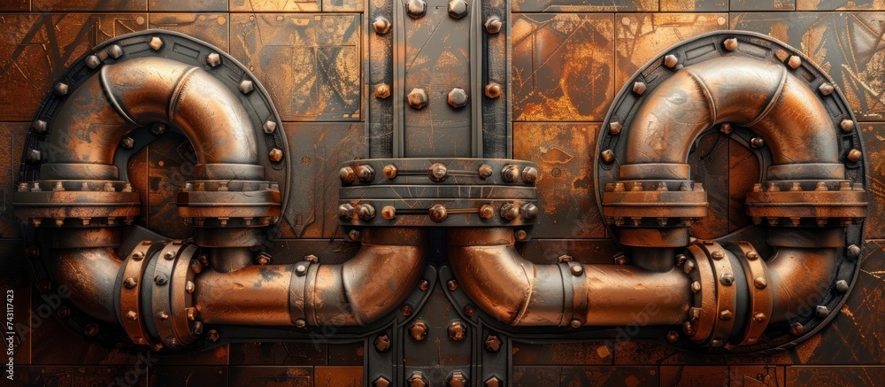 Poster detailed view of a complex metal object with a network of copper pipes.